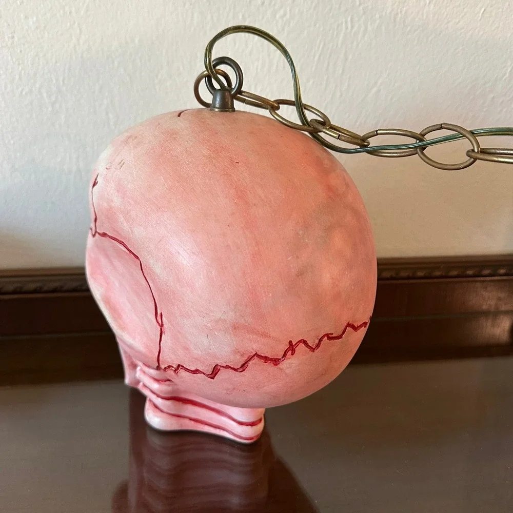 Vintage Hanging Swag Skull Lamp Red Glowing Eyes Halloween Horror Plug In Light